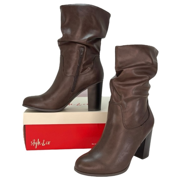 Style & Co Shoes - Style & Co. Saraa Chocolate Faux Leather Ruched Womens Booties Size 6M